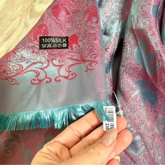 โจ Enchanting SILK Pink and Teal SCARF/body wrap w Gypsy southwestern vibe - Picture 5 of 16
